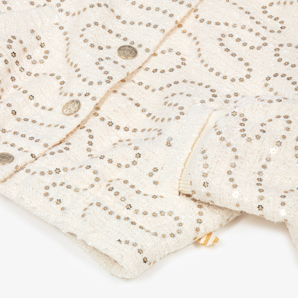 Billieblush-Girls Ivory Tweed Blouson Jacket with Sequins | Childrensalon