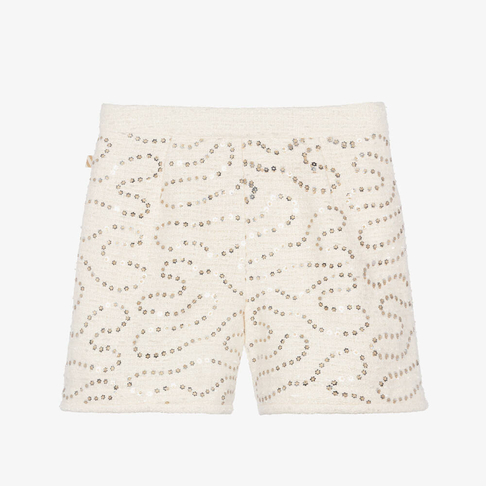 Billieblush-Girls Ivory Tweed Shorts with Sequins | Childrensalon
