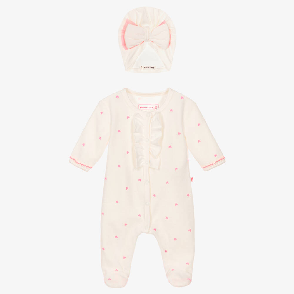 Billieblush-Girls Ivory Velour Babysuit Set with Pink Heart Prints | Childrensalon