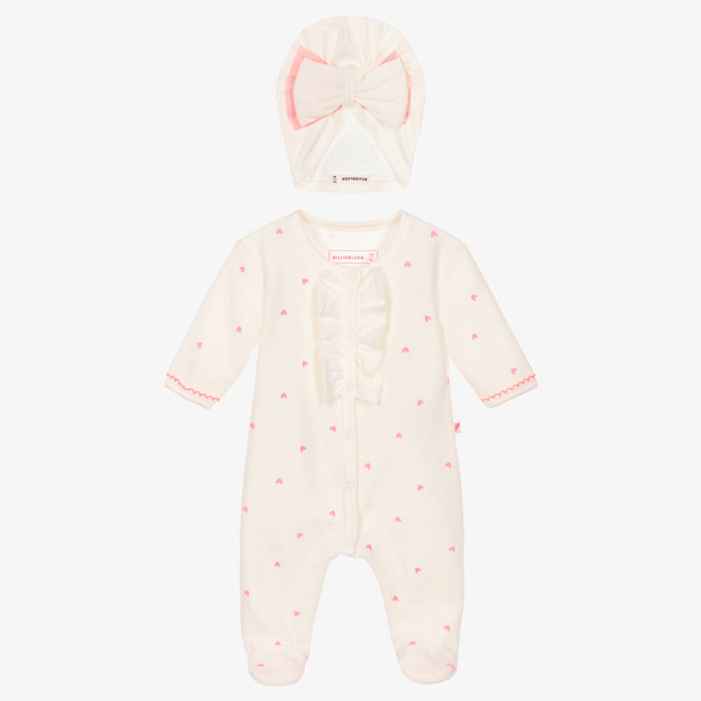 Billieblush-Girls Ivory Velour Babysuit Set with Pink Heart Prints | Childrensalon
