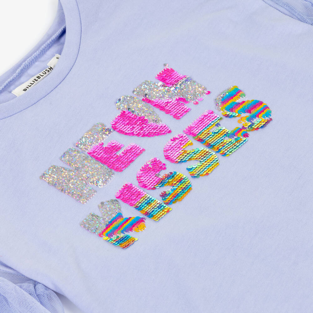 Billieblush-Girls Lavender Cotton T-Shirt with Tulle Sleeves  | Childrensalon
