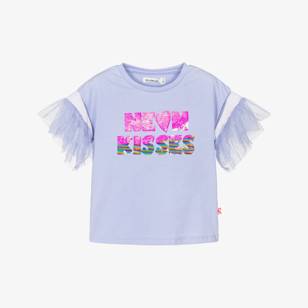 Billieblush-Girls Lavender Cotton T-Shirt with Tulle Sleeves | Childrensalon