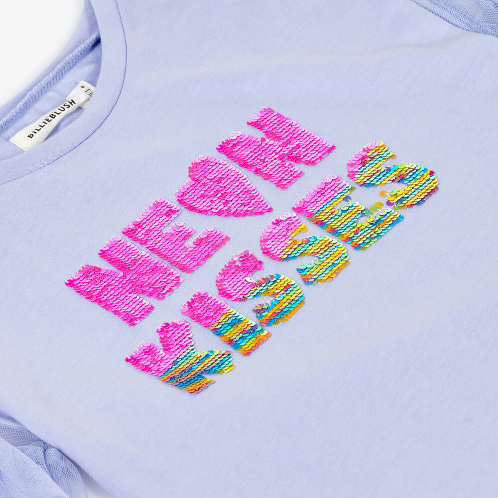 Billieblush-Girls Lavender Cotton T-Shirt with Tulle Sleeves  | Childrensalon