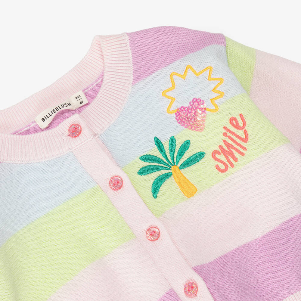 Billieblush-Girls Lilac Pink & Blue Stripe Knitted Cotton Cardigan | Childrensalon