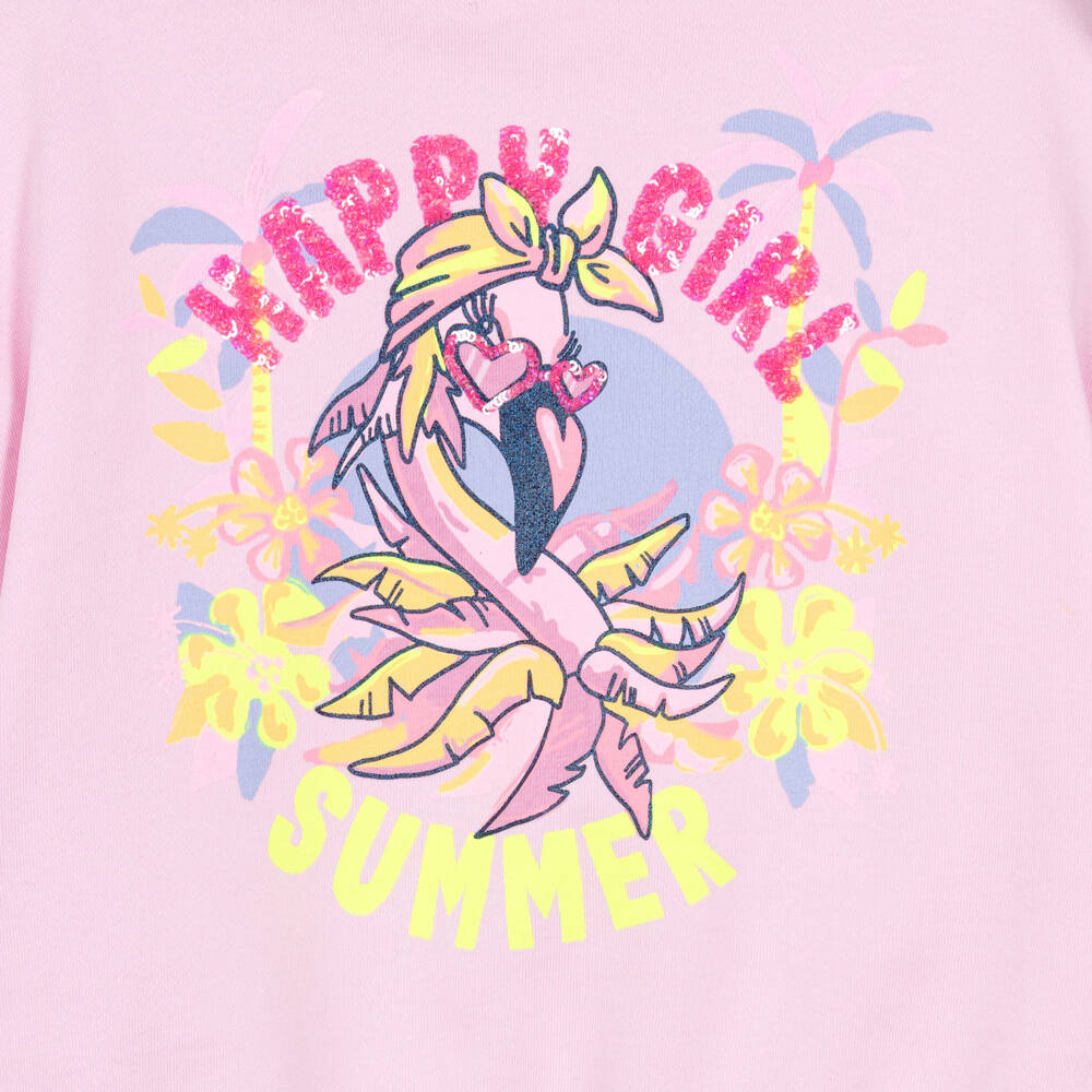 Billieblush-Girls Lilac Pink Cotton Happy Girl Sweatshirt with Flamingo | Childrensalon