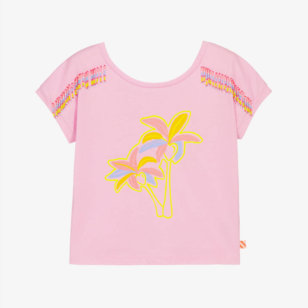 Billieblush-Girls Lilac Pink Cotton Palm Tree T-Shirt with Beaded Fringing | Childrensalon