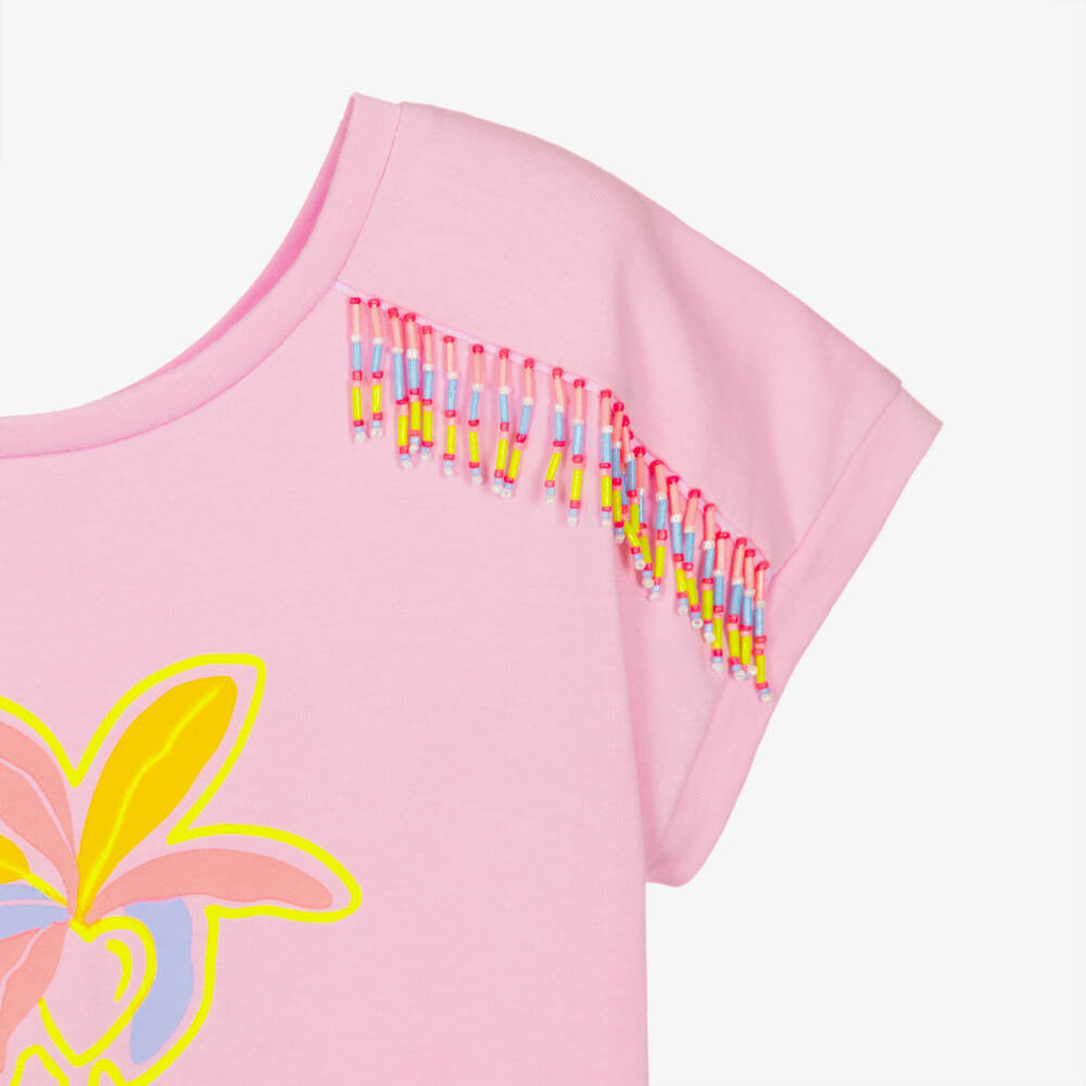 Billieblush-Girls Lilac Pink Cotton Palm Tree T-Shirt with Beaded Fringing | Childrensalon