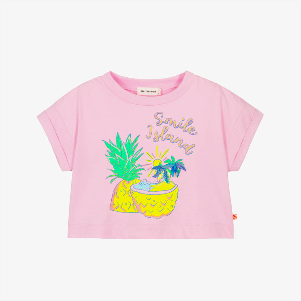 Billieblush-Girls Lilac Pink Cotton T-Shirt with Glittery Pineapple | Childrensalon