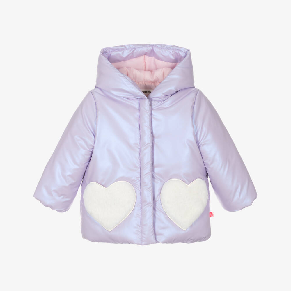 Billieblush-Girls Lilac Purple Padded Coat with Fluffy Heart Pockets | Childrensalon