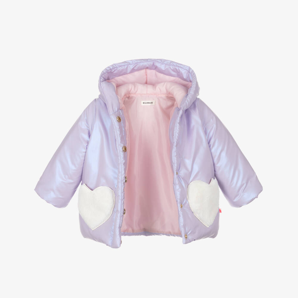 Billieblush-Girls Lilac Purple Padded Coat with Fluffy Heart Pockets | Childrensalon