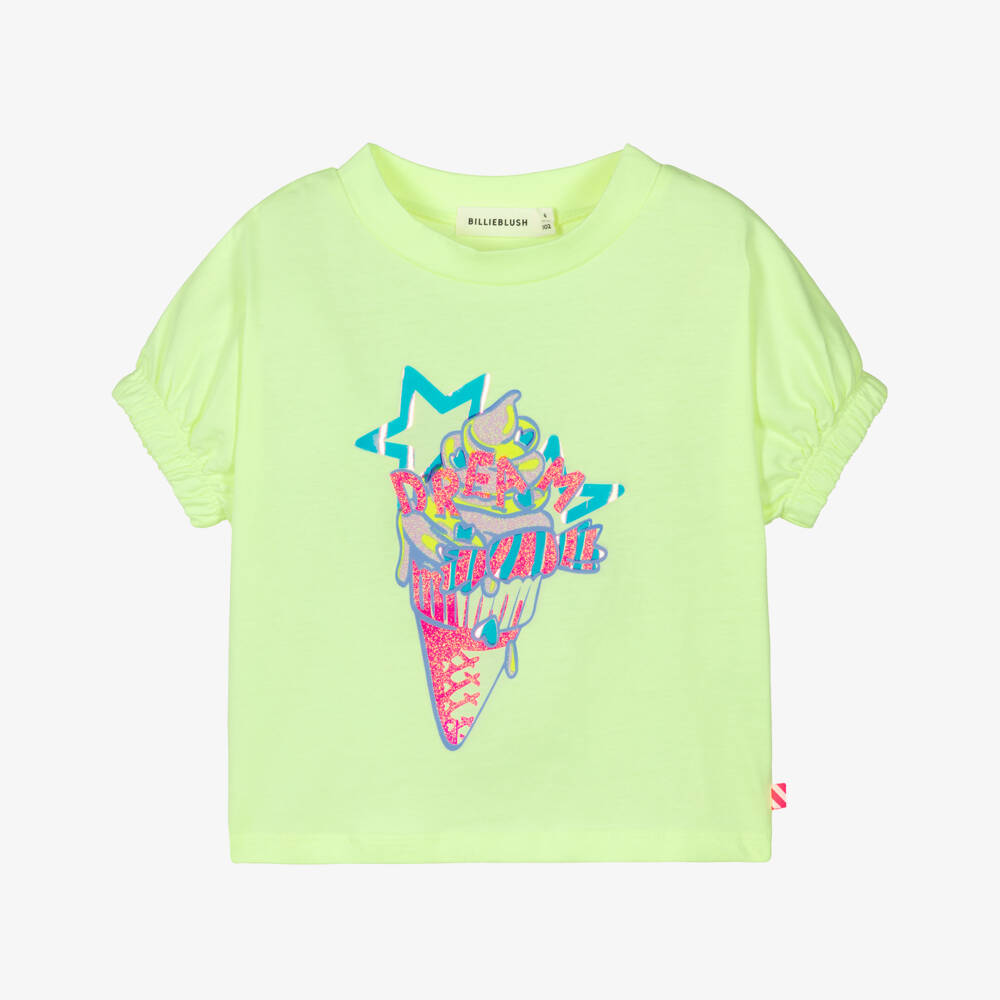 Billieblush-Girls Lime Green T-Shirt with Glittery Ice Cream Print | Childrensalon