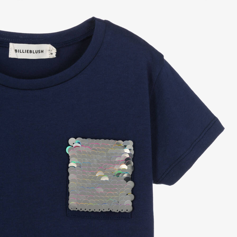 Billieblush-Girls Navy Blue Cotton T-Shirt with Sequin Pocket | Childrensalon