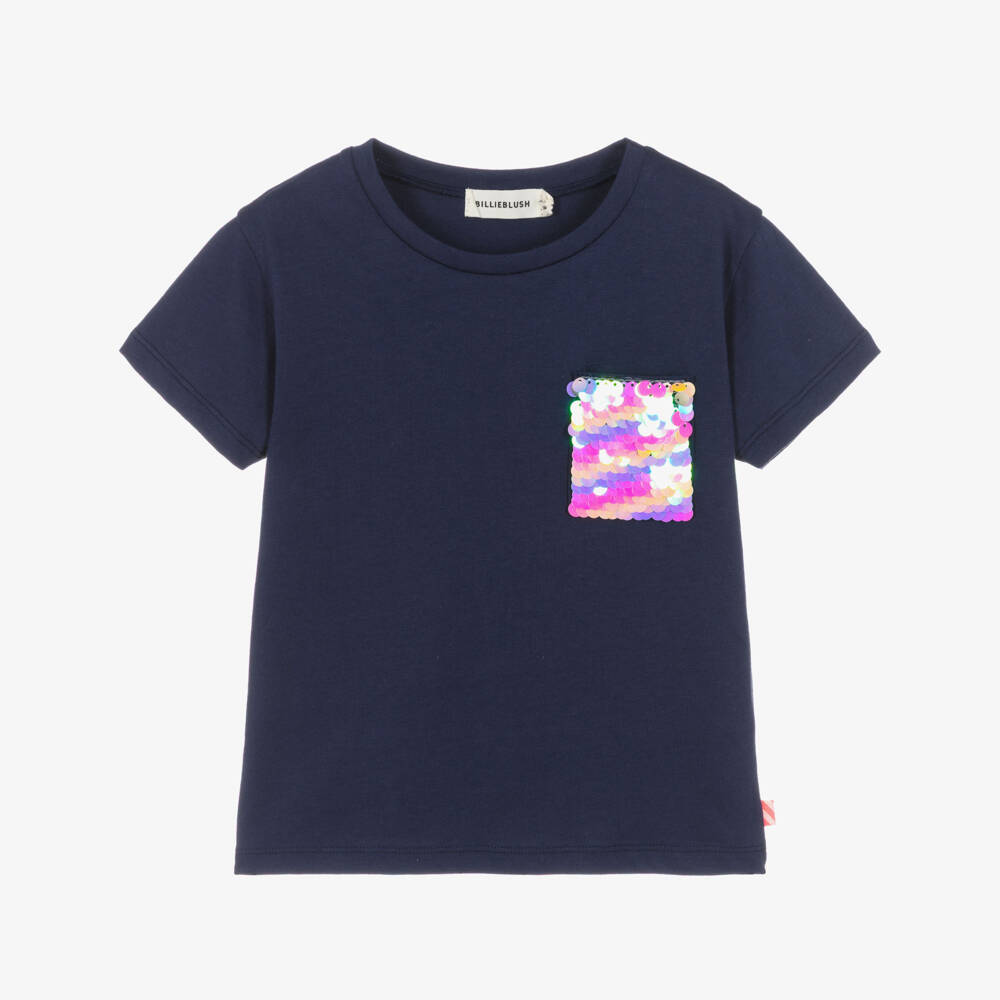 Billieblush-Girls Navy Blue Cotton T-Shirt with Sequin Pocket | Childrensalon