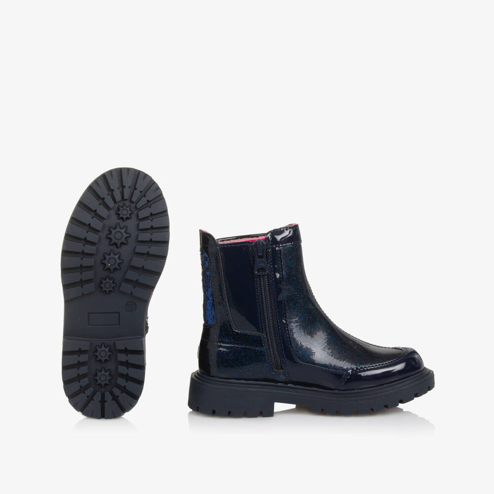 Billieblush-Girls Navy Blue Glittery Faux Leather Boots | Childrensalon