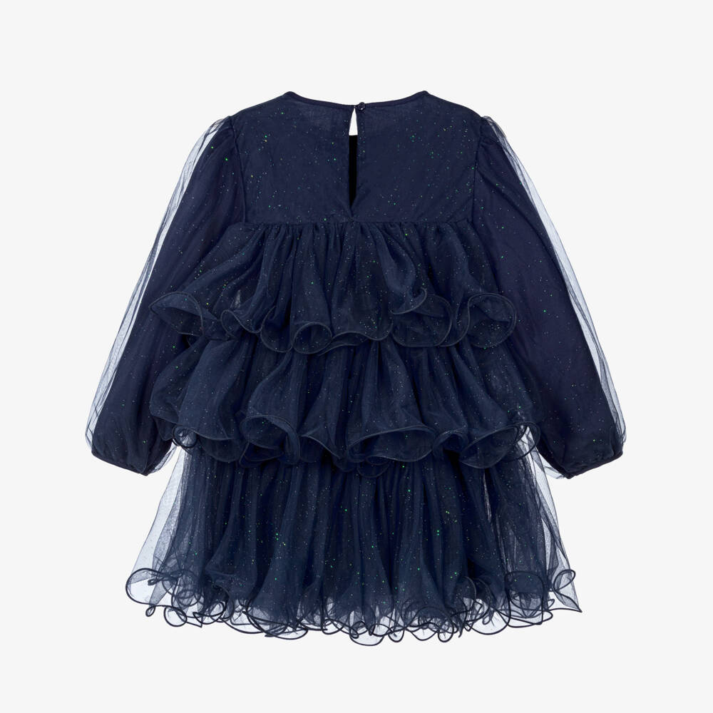 Billieblush-Girls Navy Blue Glittery Tulle Ruffle Dress | Childrensalon