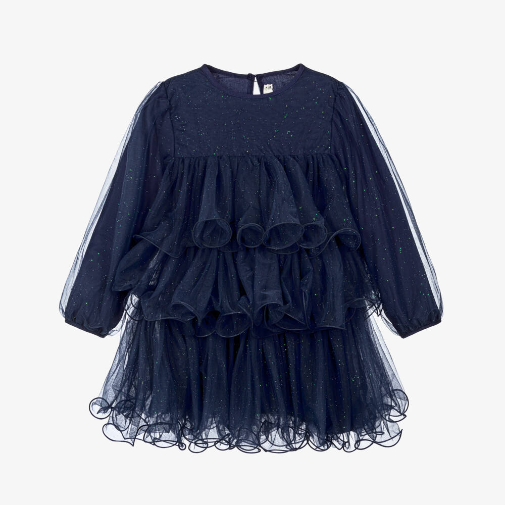 Billieblush-Girls Navy Blue Glittery Tulle Ruffle Dress | Childrensalon