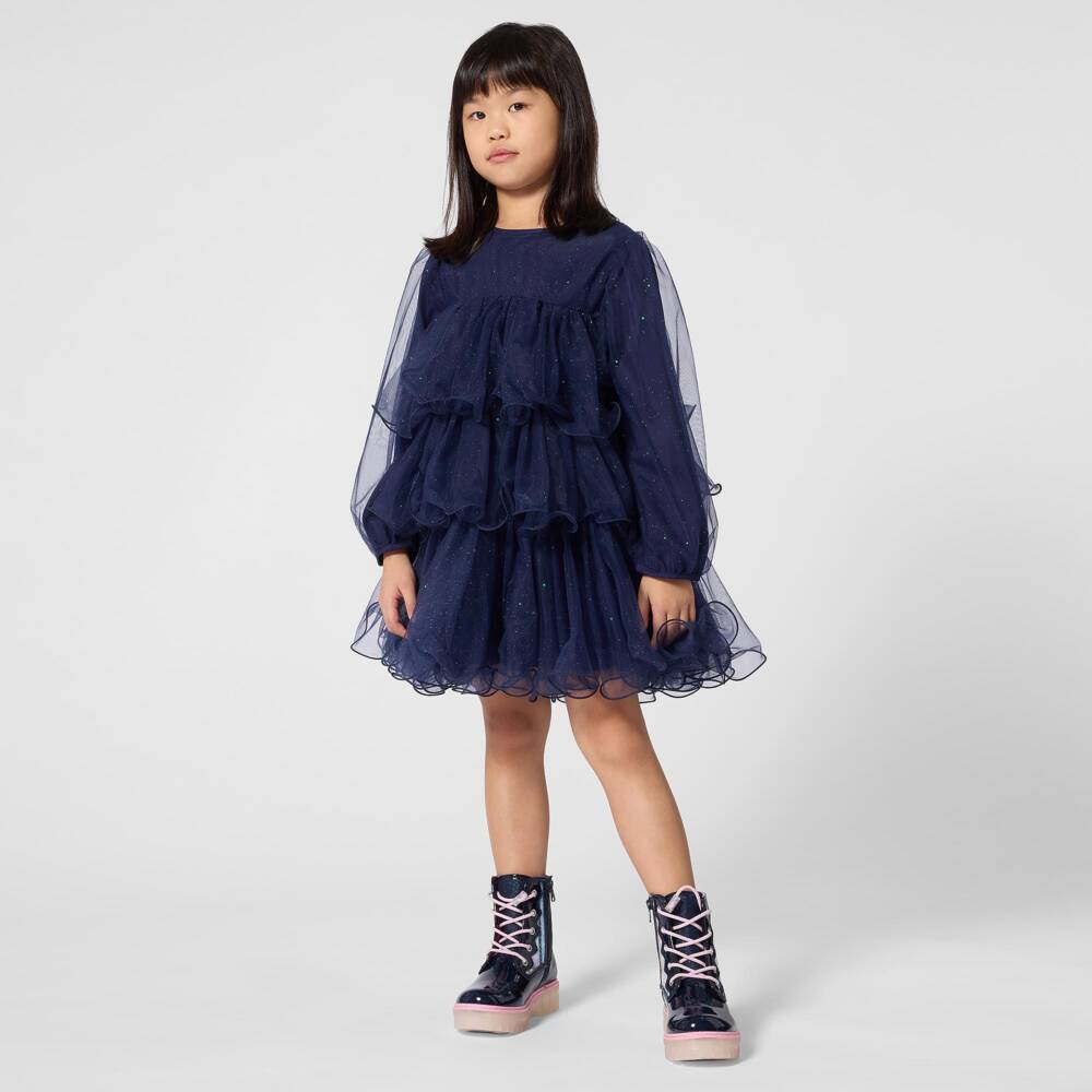 Billieblush-Girls Navy Blue Glittery Tulle Ruffle Dress | Childrensalon
