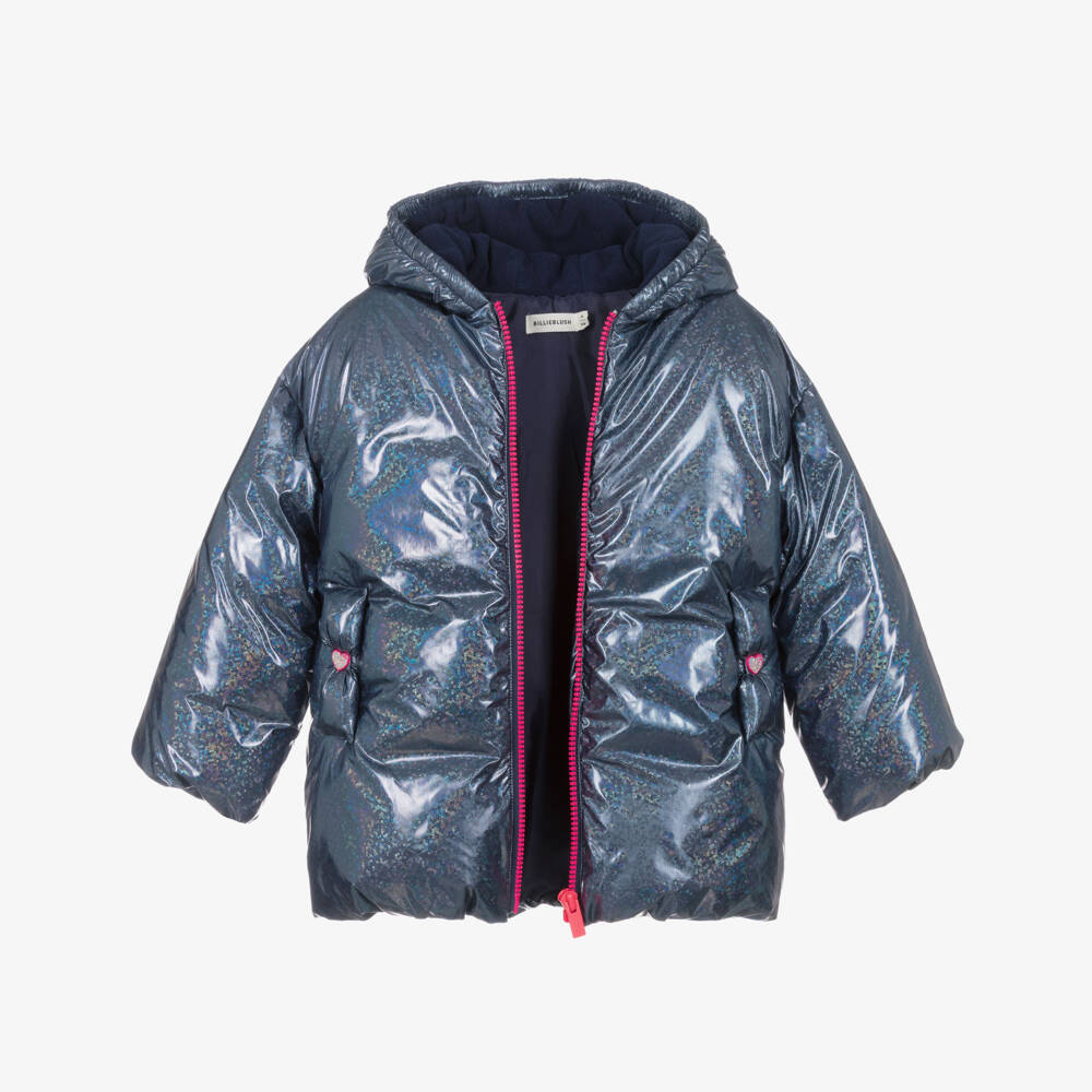Billieblush-Girls Navy Blue Glossy Iridescent Padded Coat | Childrensalon