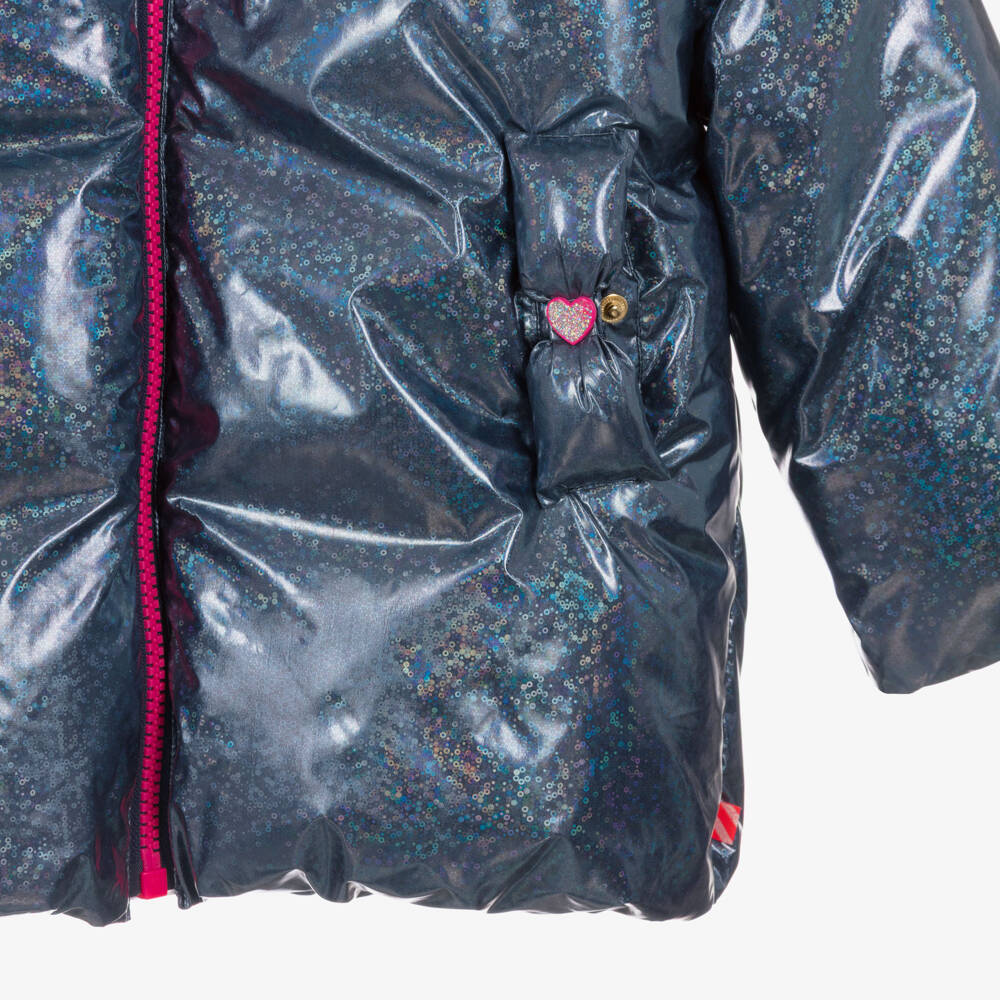 Billieblush-Girls Navy Blue Glossy Iridescent Padded Coat | Childrensalon
