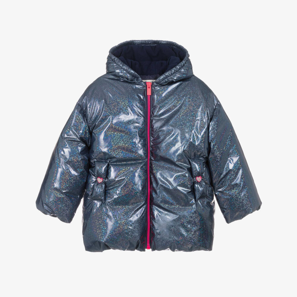 Billieblush-Girls Navy Blue Glossy Iridescent Padded Coat | Childrensalon
