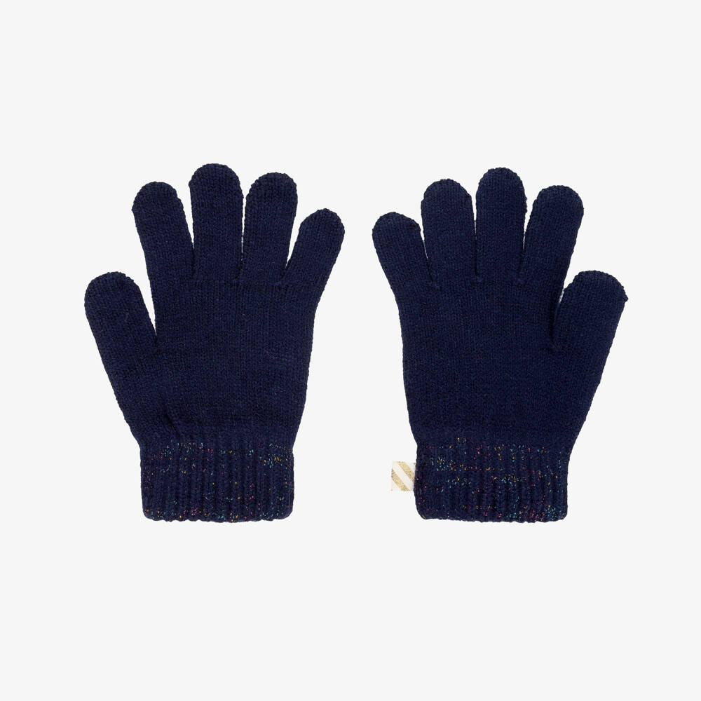 Billieblush-Girls Navy Blue Knitted Gloves with Glittery Logo | Childrensalon