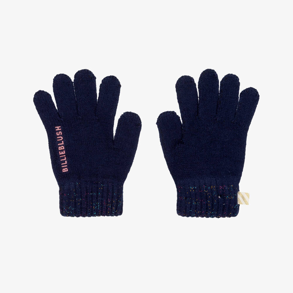 Billieblush-Girls Navy Blue Knitted Gloves with Glittery Logo | Childrensalon