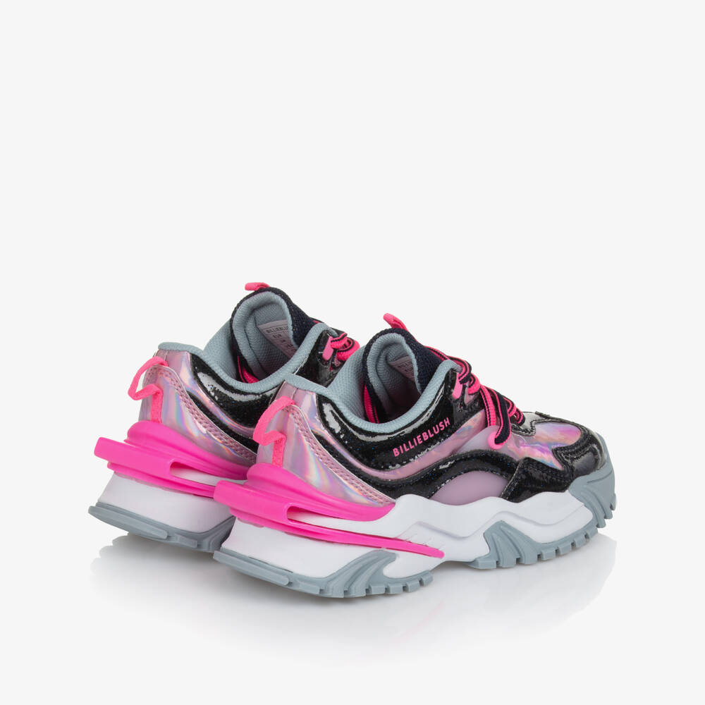 Billieblush-Girls Navy Blue & Pink Faux Leather Glitter Trainers | Childrensalon