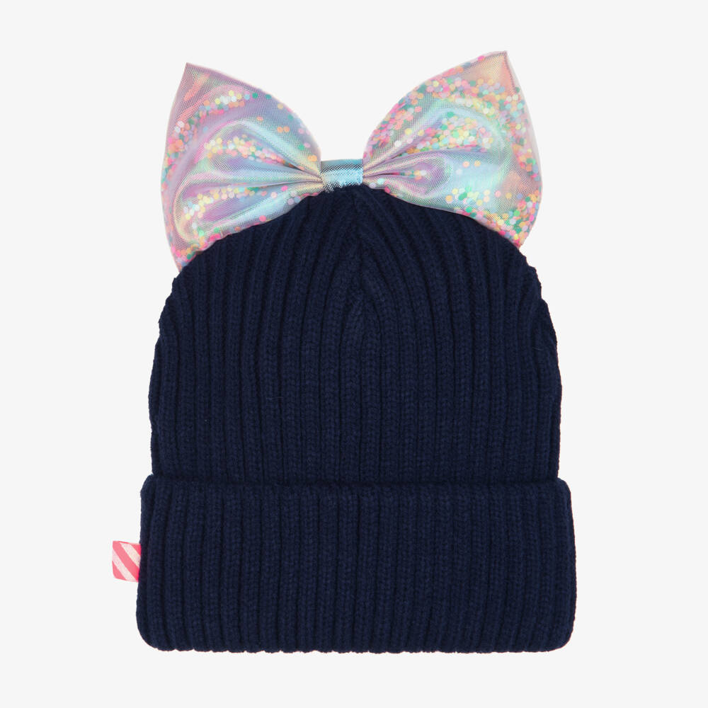 Billieblush-Girls Navy Blue Ribbed Knit Hat with Iridescent Bow | Childrensalon