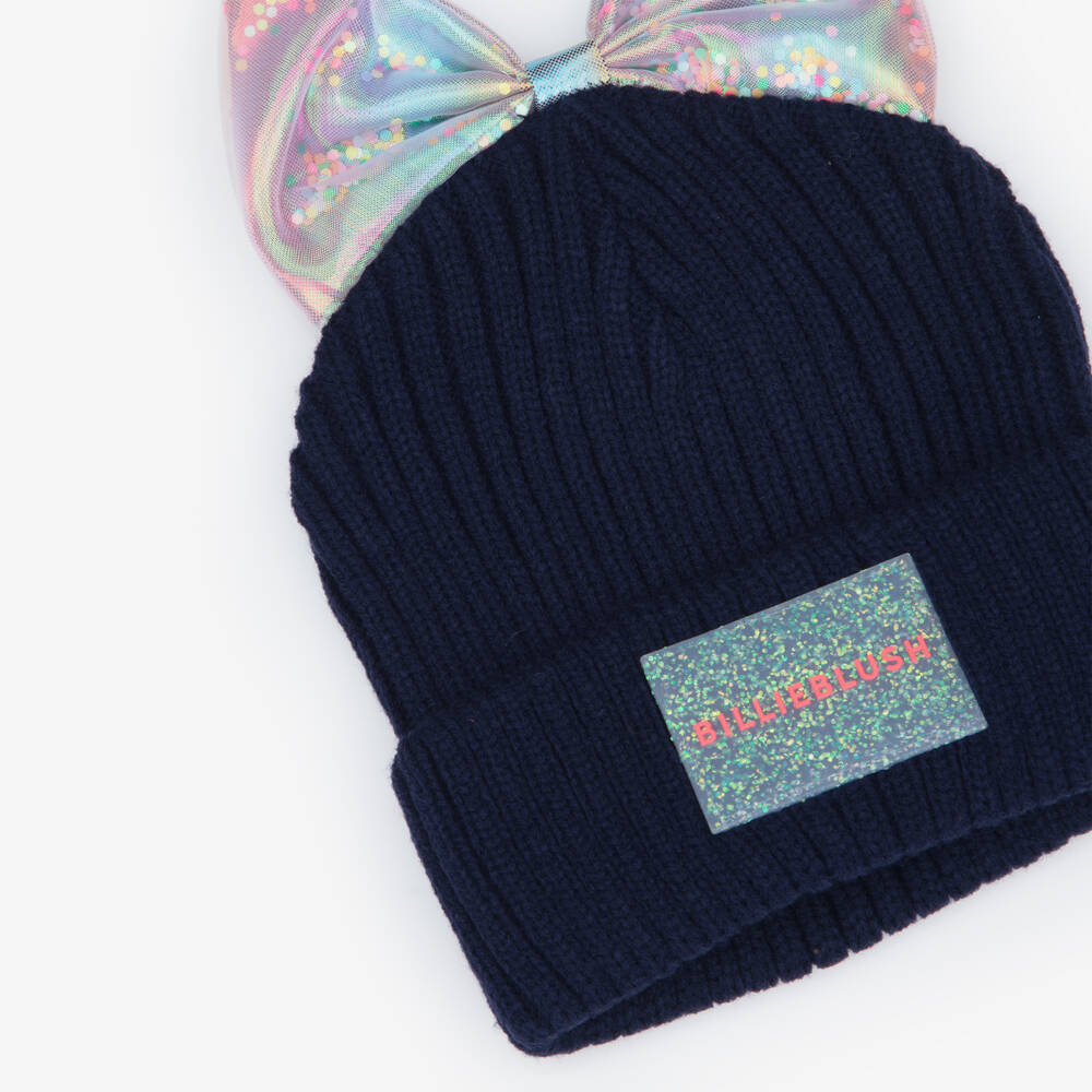 Billieblush-Girls Navy Blue Ribbed Knit Hat with Iridescent Bow | Childrensalon