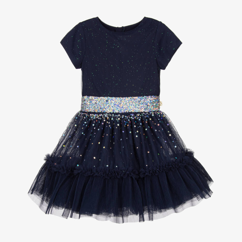Billieblush-Girls Navy Blue Sequinned Tulle Dress | Childrensalon