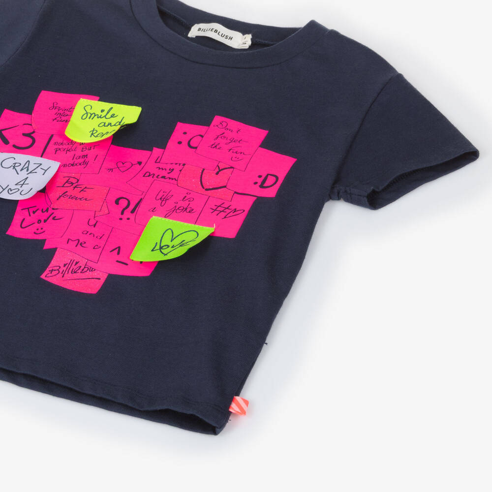 Billieblush-Girls Navy Blue T-Shirt with Sticky Note Design | Childrensalon