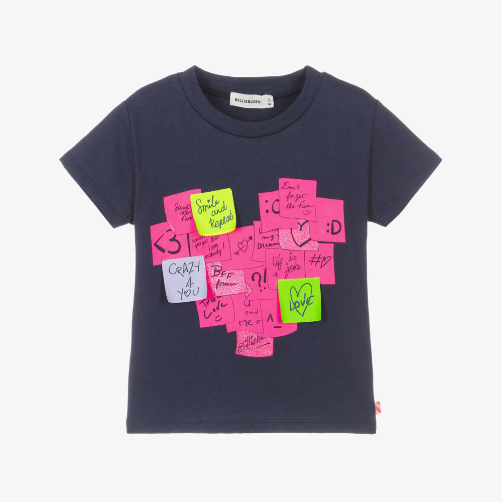 Billieblush-Girls Navy Blue T-Shirt with Sticky Note Design | Childrensalon