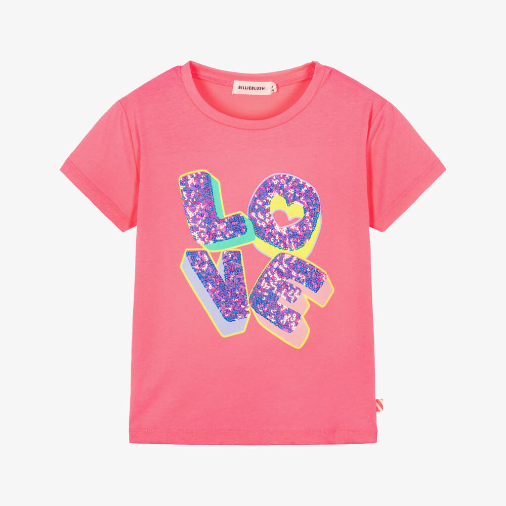 Billieblush-Girls Neon Pink Jersey T-Shirt with Sequinned Love Motif | Childrensalon