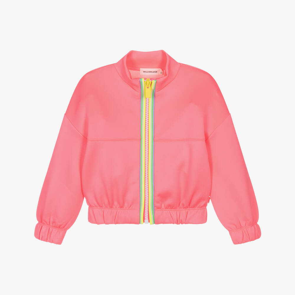 Billieblush-Girls Neon Pink Jersey Zip-Up Top with Sequin Heart Motif | Childrensalon