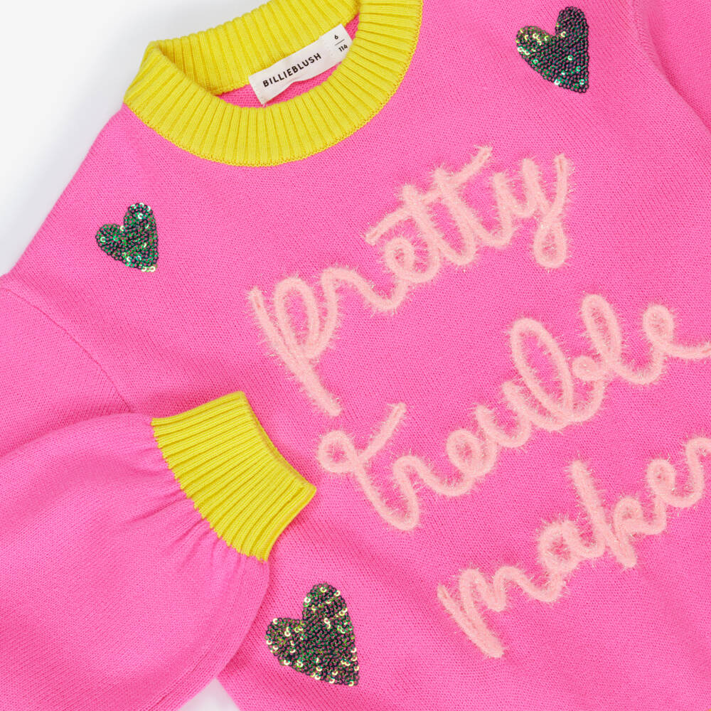 Billieblush-Girls Neon Pink Slogan Sweater with Sequin Hearts | Childrensalon