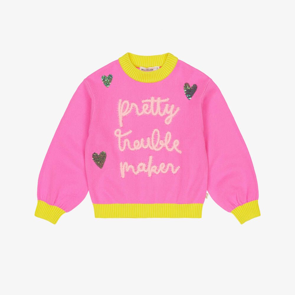 Billieblush-Girls Neon Pink Slogan Sweater with Sequin Hearts | Childrensalon