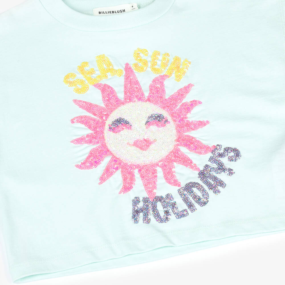 Billieblush-Girls Pale Green Cotton T-Shirt with Neon Pink Sequinned Sun | Childrensalon