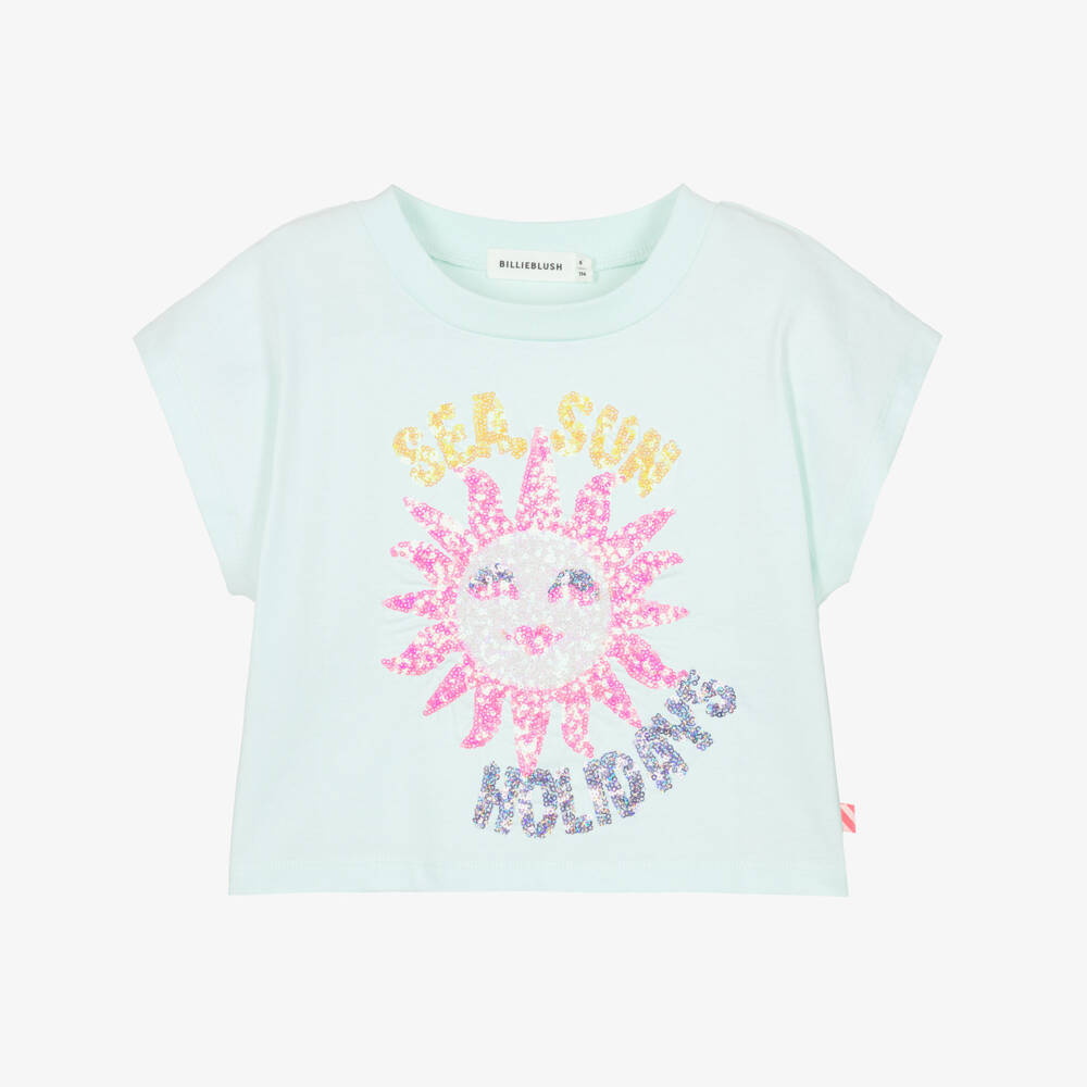 Billieblush-Girls Pale Green Cotton T-Shirt with Neon Pink Sequinned Sun | Childrensalon