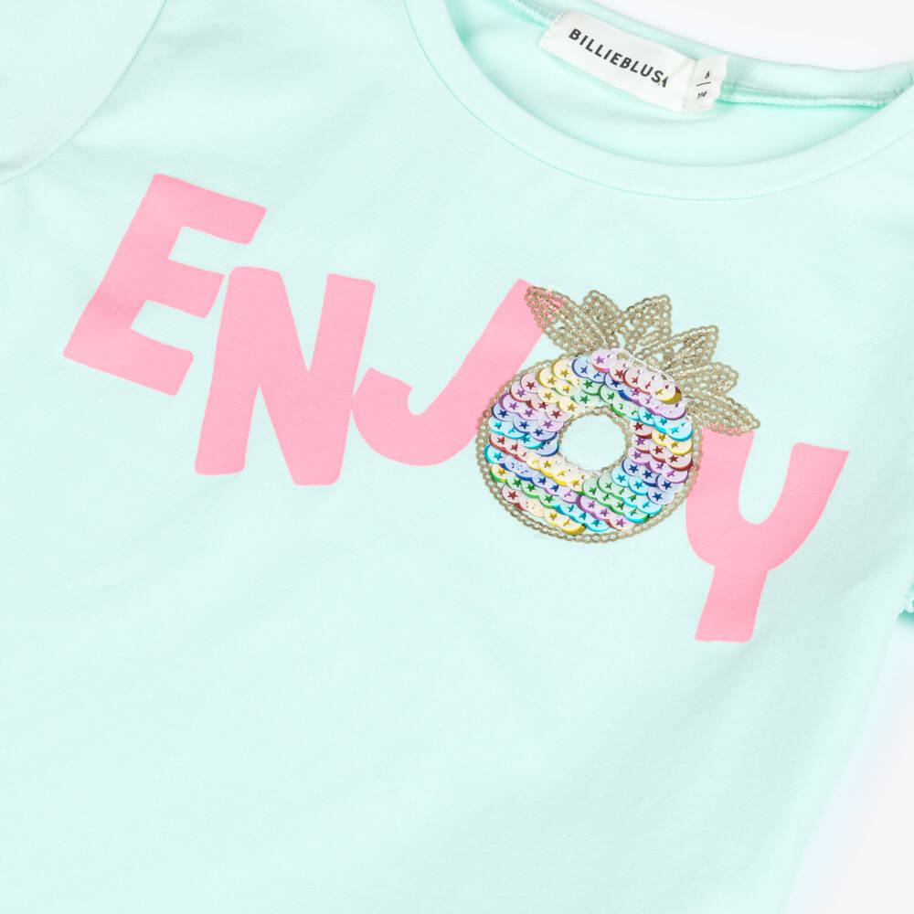 Billieblush-Girls Pastel Green Cotton T-Shirt with Sequinned Pineapple | Childrensalon