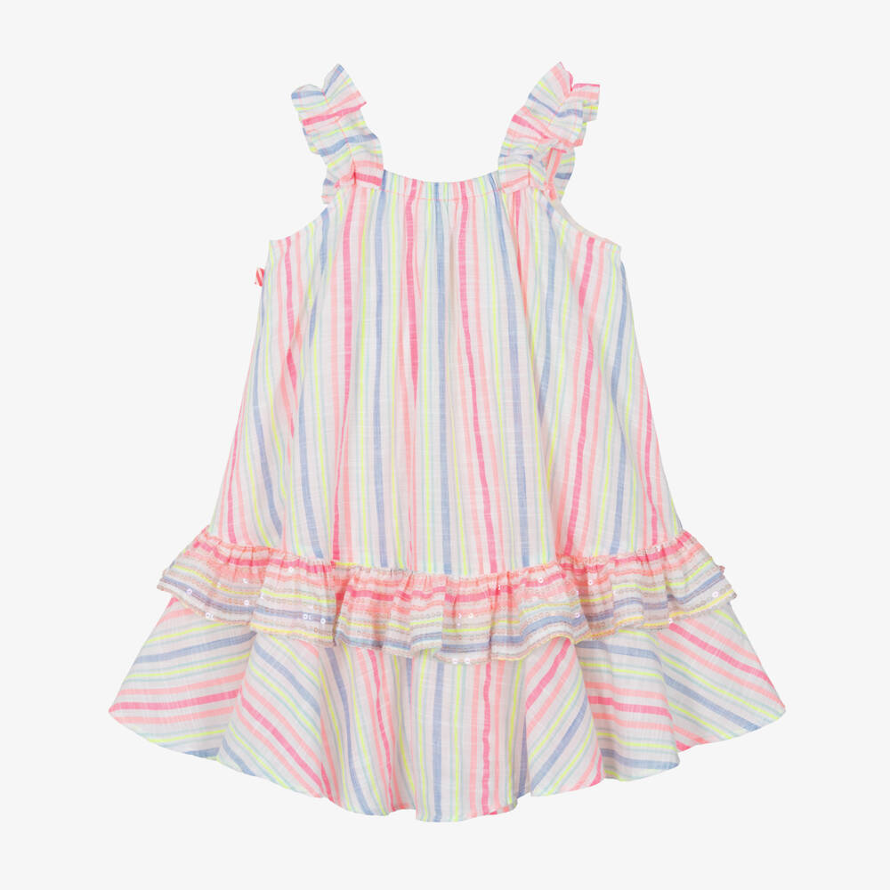 Billieblush-Girls Pink & Blue Stripe Cotton Dress with Sequin Ruffle | Childrensalon