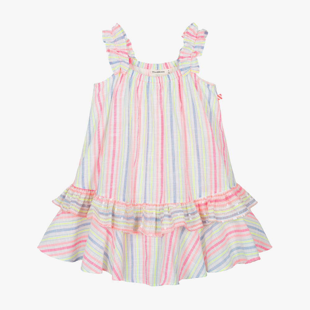 Billieblush-Girls Pink & Blue Stripe Cotton Dress with Sequin Ruffle | Childrensalon