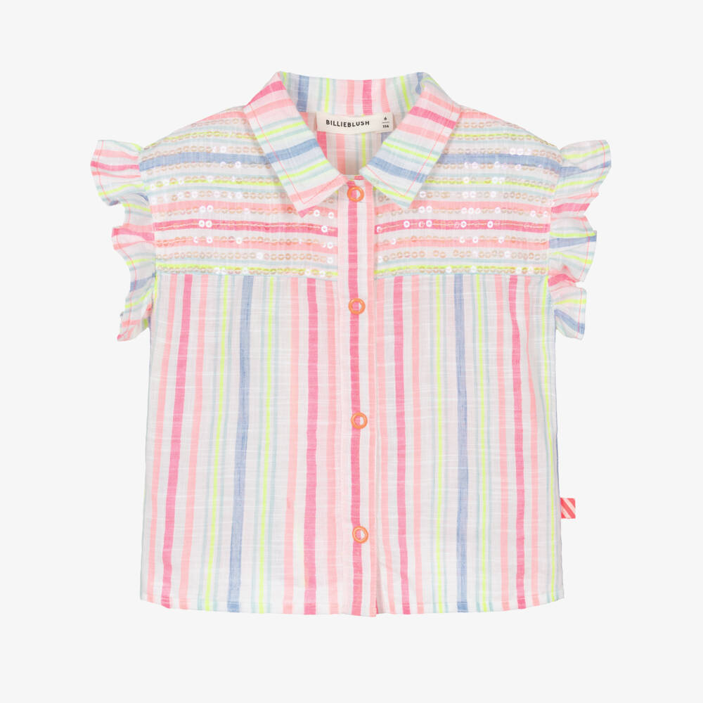Billieblush-Girls Pink Blue & Yellow Stripe Cotton Blouse with Sequins | Childrensalon