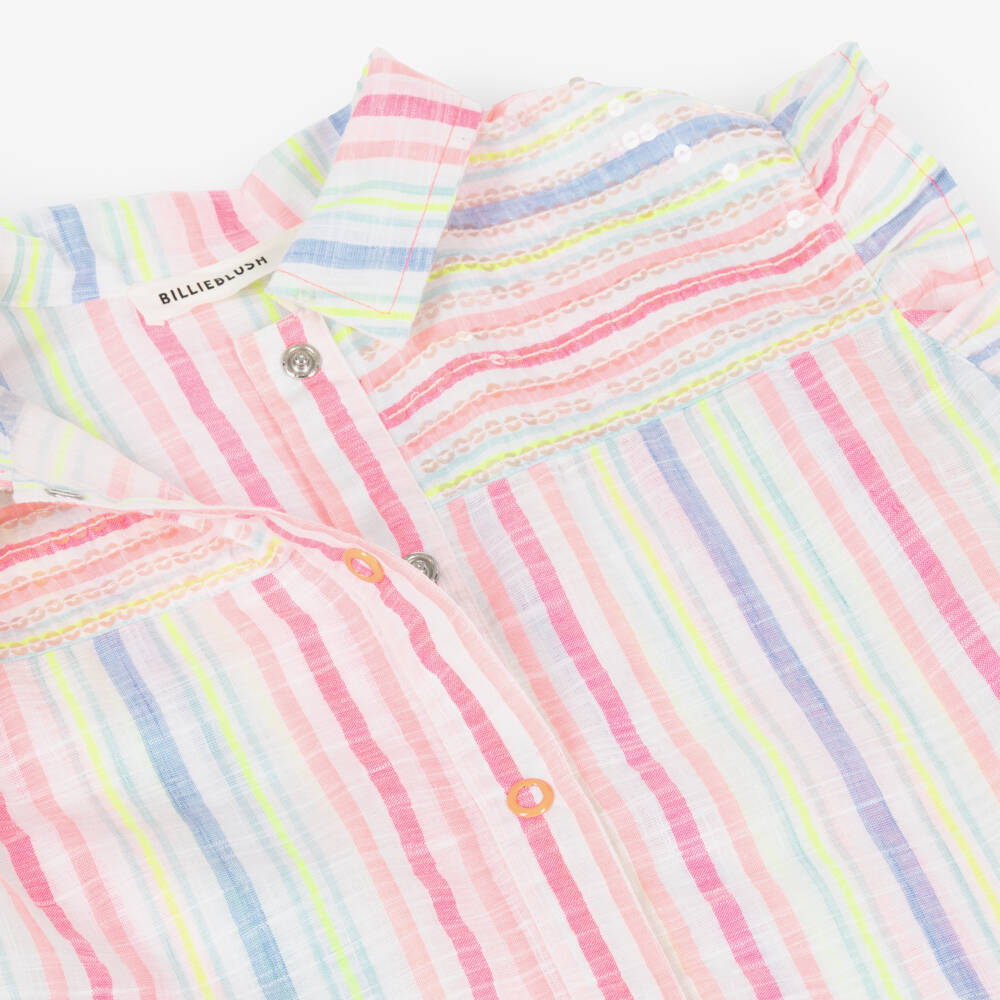Billieblush-Girls Pink Blue & Yellow Stripe Cotton Blouse with Sequins | Childrensalon