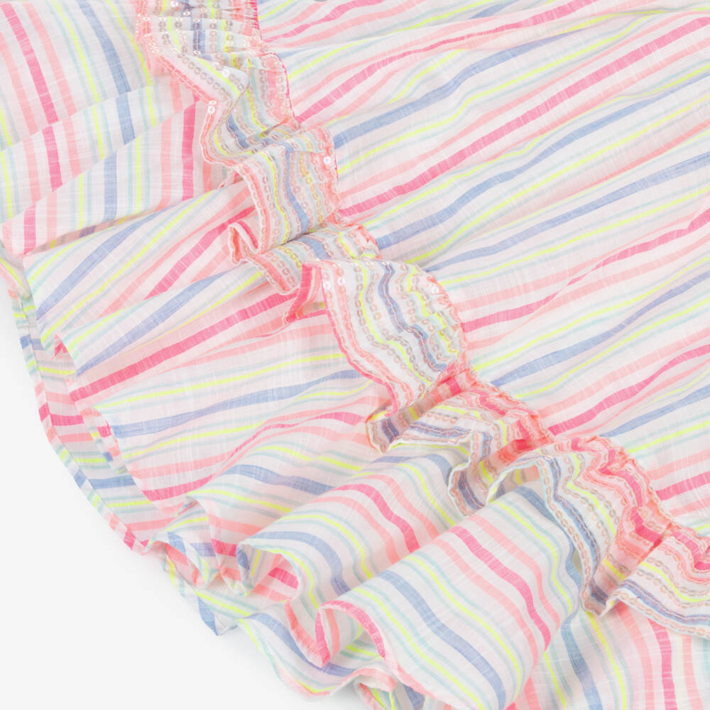 Billieblush-Girls Pink Blue & Yellow Stripe Cotton Dress with Sequin Ruffle | Childrensalon