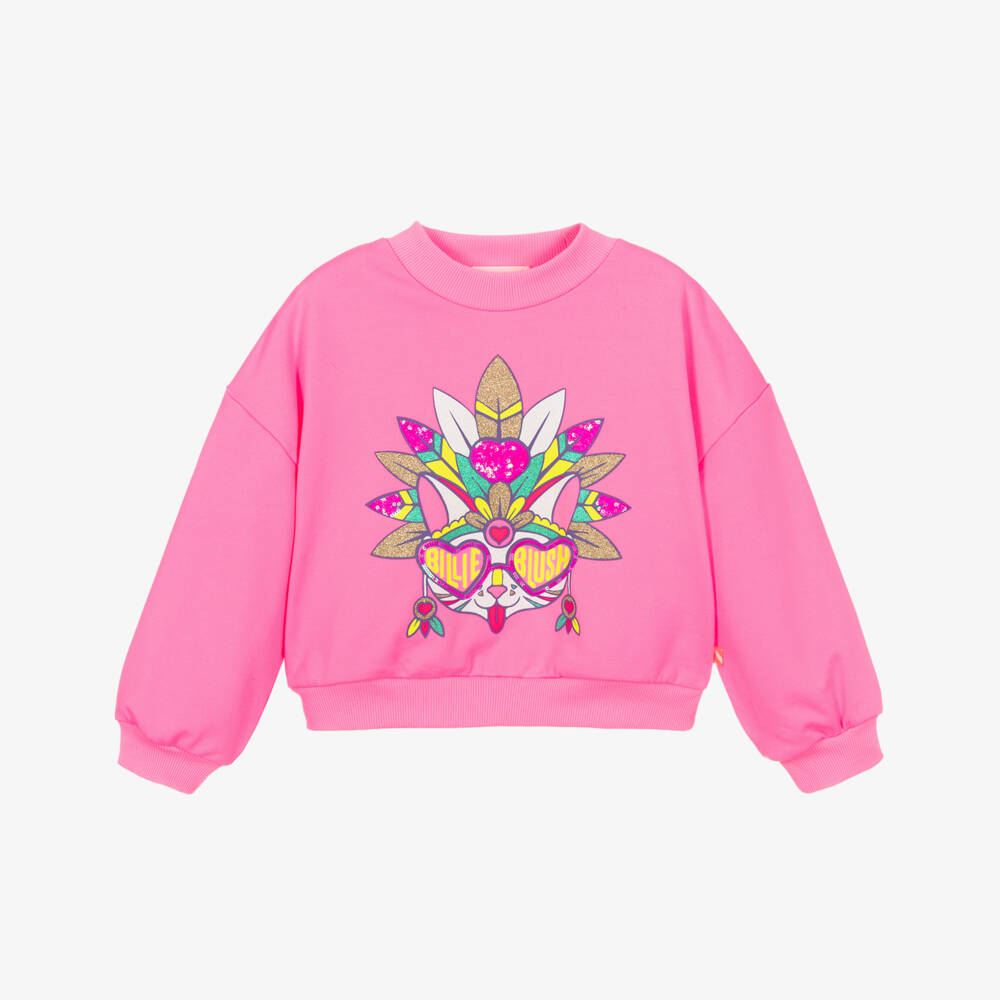 Billieblush-Girls Pink Cotton Sweatshirt with Glittery Cat Motif | Childrensalon