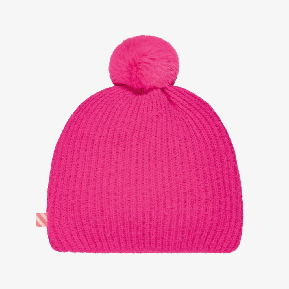Billieblush-Girls Pink Fluffy Knit Pom-Pom Hat | Childrensalon