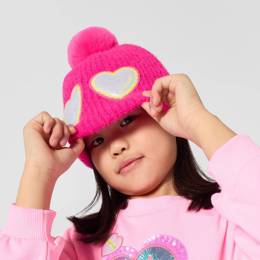 Billieblush-Girls Pink Fluffy Knit Pom-Pom Hat | Childrensalon