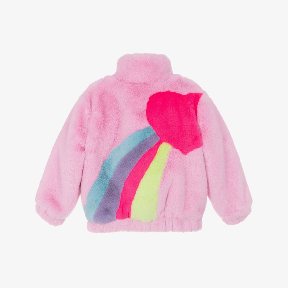 Billieblush-Girls Pink Heart & Rainbow Faux Fur Jacket | Childrensalon