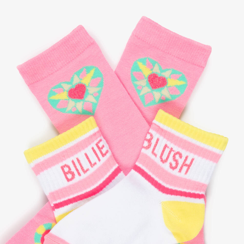 Billieblush-Girls Pink Hearts & White Logo Socks (2 Pack) | Childrensalon