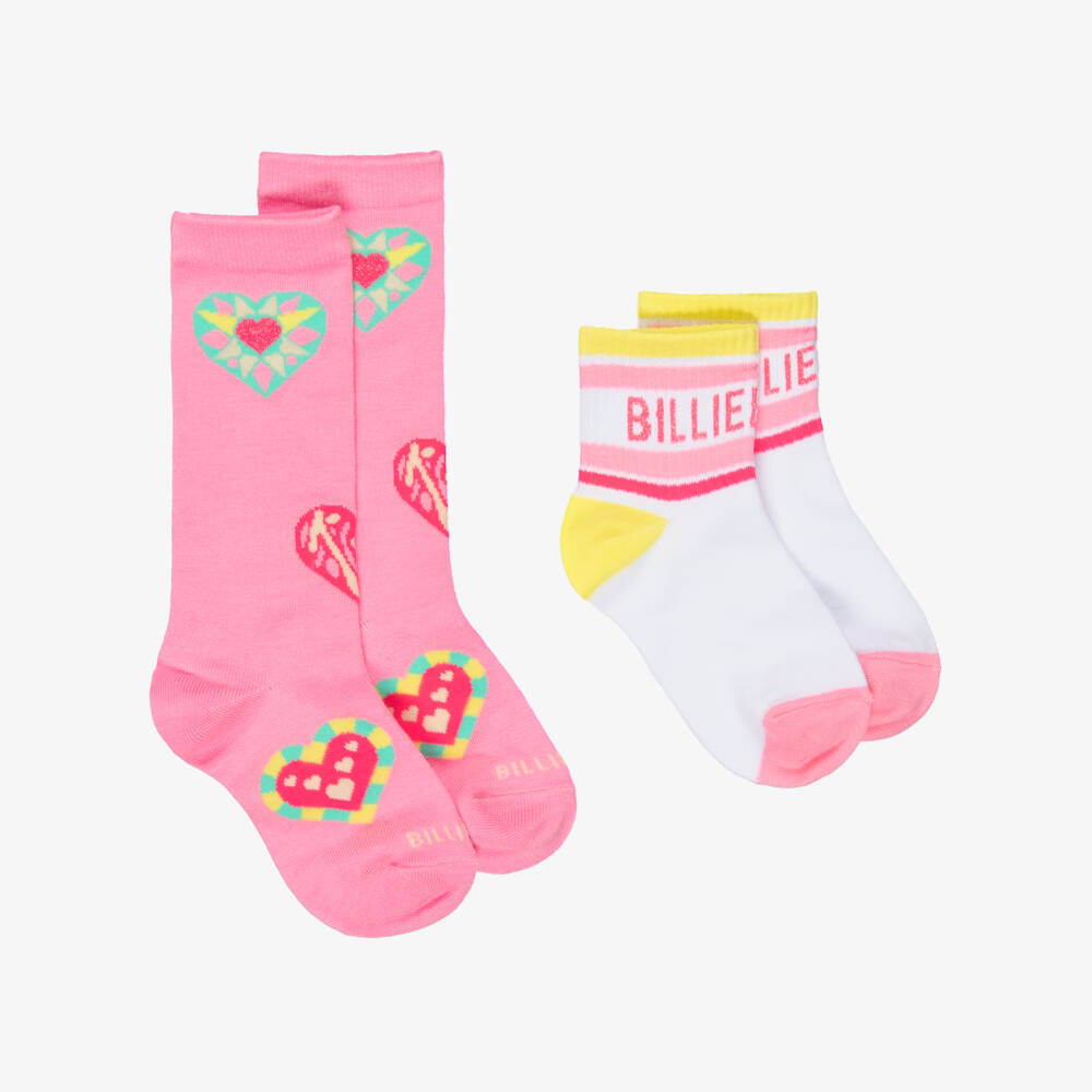 Billieblush-Girls Pink Hearts & White Logo Socks (2 Pack) | Childrensalon